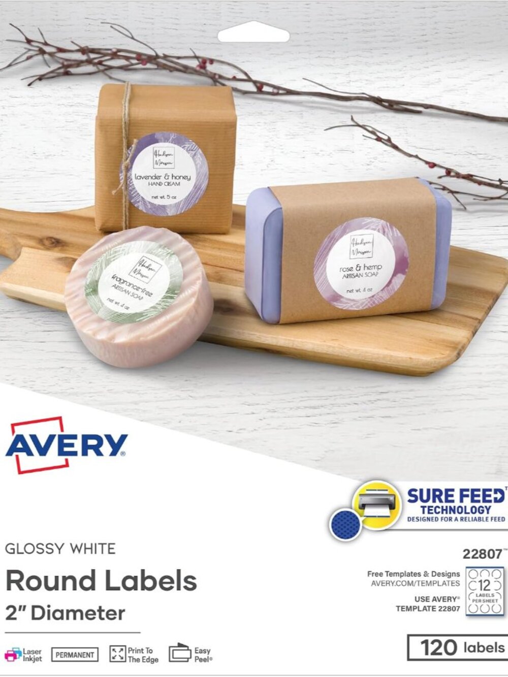 Printable Round Labels, Sure Feed Technology, Glossy White Labels, 2" Diameter,